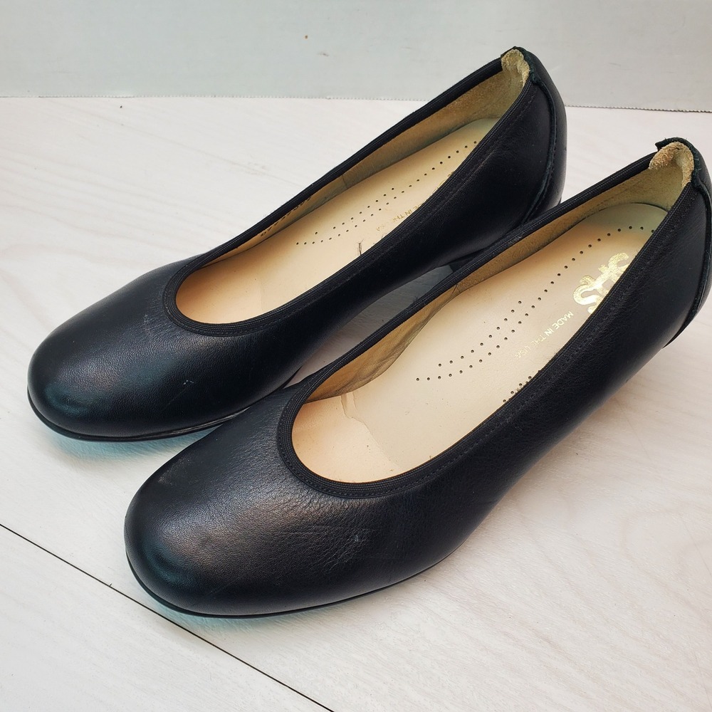 SAS Hope Women Black Leather Round Toe Low Block Heel Pumps 6 M USA Professional